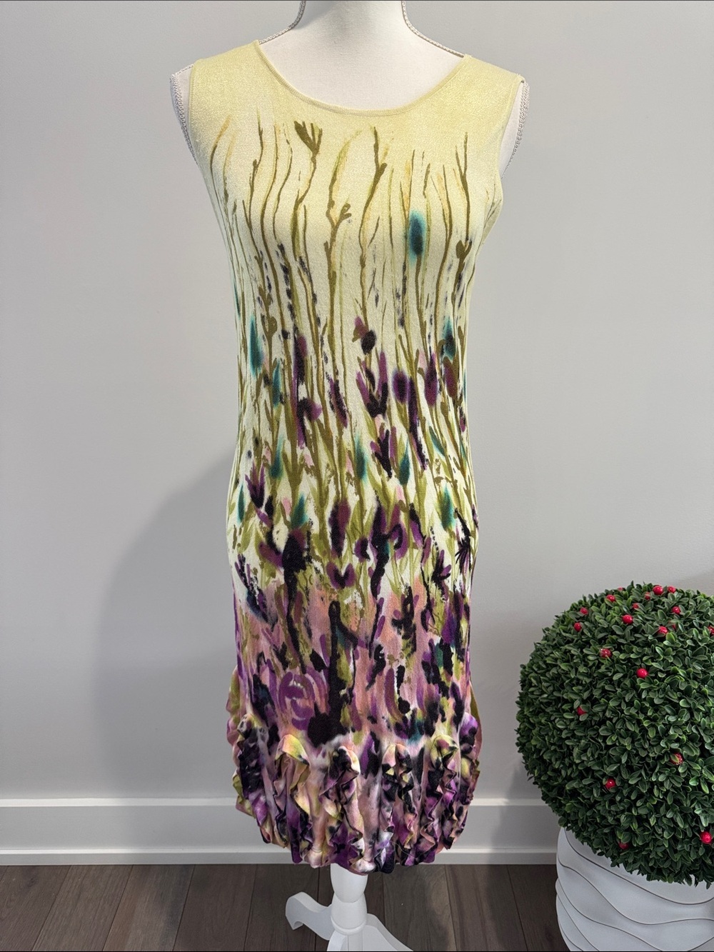 Adore Yellow Floral Midi Dress with Purple Accents Sz L